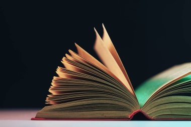 Masa ve gece arkaplanındaki renkli ışıkta güzel kitap sayfalarını kapat.