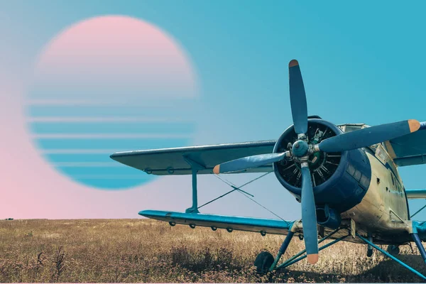 Piękne Abstrakcyjne Surrealistyczne Niebiesko Żółte Pojęcie Kolażu Krajobrazu Samolotu Współczesne — Zdjęcie stockowe