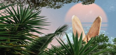 Beautiful abstract surreal Rabbit ears and tropic palm tree   collage concept, contemporary colors and mood social background.