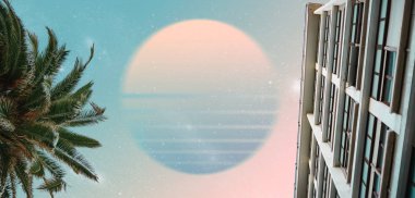 Beautiful abstract surreal landscape and building tropic palm tree collage concept, contemporary colors and mood social background.