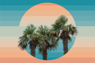 Güzel soyut gerçeküstü palmiye ağacı geometrik manzara kolajı, çağdaş renkler ve ruh hali sosyal arka plan.