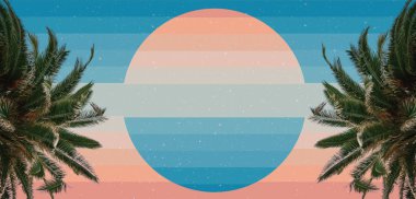 Güzel soyut gerçeküstü palmiye ağacı geometrik manzara kolajı, çağdaş renkler ve ruh hali sosyal arka plan.