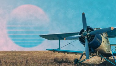 Beautiful abstract surreal blue and yellow airplane and mountain landscape cosmos space collage concept, contemporary colors and mood social background. Vintage aircraft.