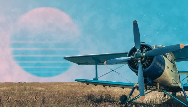Красивий Абстрактний Сюрреалістичний Синьо Жовтий Літак Гірський Ландшафтний Космічний Колаж — стокове фото