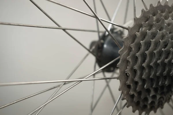 Close up bicycle parts on a gray  background.