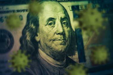 Franklin 'in yüz pandemik koronavirüsünü yüz dolarla kapat. Amerikan ve Amerikan Doları nakit para geçmişi.
