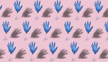 Mavi lateks cerrahi veya tıbbi eldivenlerle yapılmış, pembe desenli bir arka plan. Üç boyutlu illüstrasyon. Coronavirus konsepti, kendinizi koruyun..