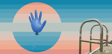 Soyut bir merdiven üzerinde güzel uçan lateks cerrahi veya tıbbi eldiven. Corona virüsü enfeksiyonu, çağdaş renkler ve ruh hali sosyal altyapısı.