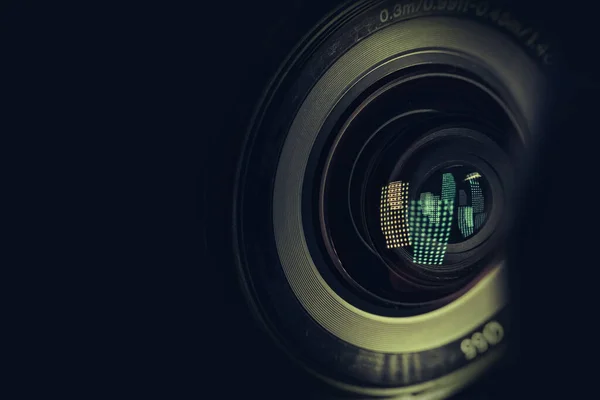 Close Beautiful Camera Lens Light Reflection Black Background Pattern Design — Foto de Stock