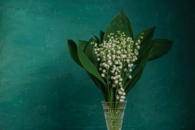 Convallaria majalis kırmızı ahşap bir masada Güzel yeşil duvar arka planı.