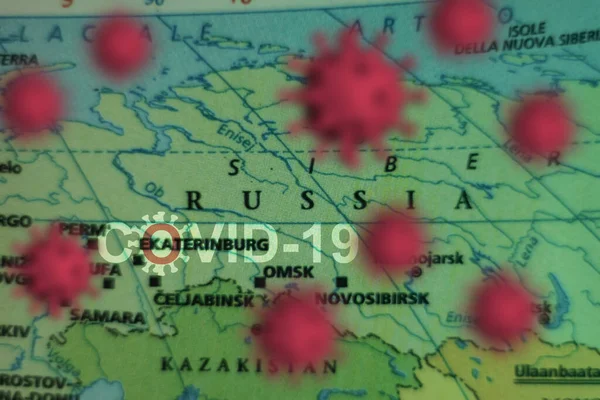 Covid 19の発生または新しいコロナウイルス 2019 Ncov ロシア地図上のウイルス Covid Ncpウイルス 病気の感染と伝播 パンデミックとウイルスの流行 — ストック写真
