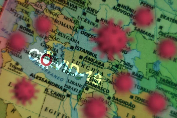 Covid 19の発生または新しいコロナウイルス 2019 Ncov トルキアの地図上のウイルス Covid Ncpウイルス アンカラでの疾患の感染と伝播 パンデミックとウイルスの流行 — ストック写真