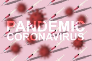 Yaratıcı şırınga şırıngasının pembe arka planında pandemik koronavirüs var. Covid 19-NCP virüsü: bulaşıcı hastalık yayma ve yayılma. Salgın ve viral salgın