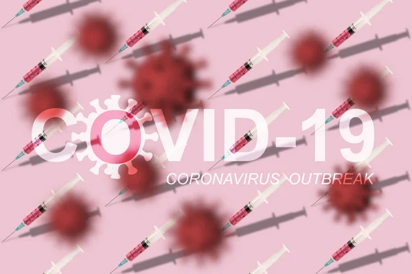 Szavak Covid Coronavirus Járvány Kreatív Minta Fecskendő Orvosi Rózsaszín Háttér — Stock Fotó