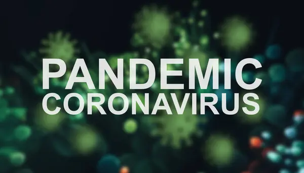 Parole Pandemia Coronavirus Uno Sfondo Verde Bokeh Astratto Virus Covid — Foto Stock