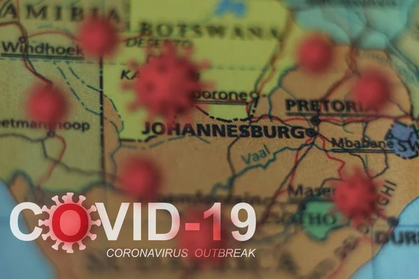 Covid-19 outbreak or new Coronavirus, 2019-nCoV, virus on a map of South Africa. Covid 19-NCP virus: contagion and propagation of disease in Johannesburg. Pandemic and viral epidemic.