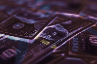 Close up Franklin's face on a one hundred dollar. American, US Dollars Cash Money in neon light.Minimalism retro style concept. 80s. Background pattern for design.	