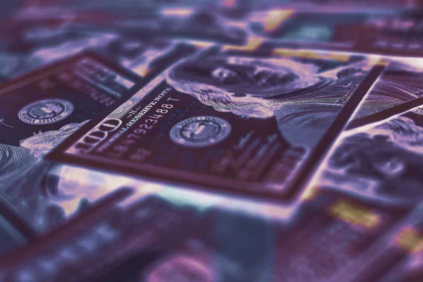 Close up Franklin's face on a one hundred dollar. American, US Dollars Cash Money in neon light.Minimalism retro style concept. 80s. Background pattern for design.	