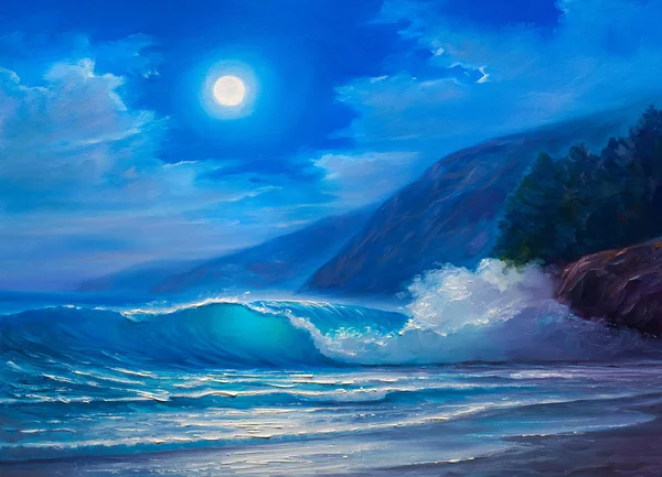 海、絵画の夜の嵐。海の波. — ストック写真