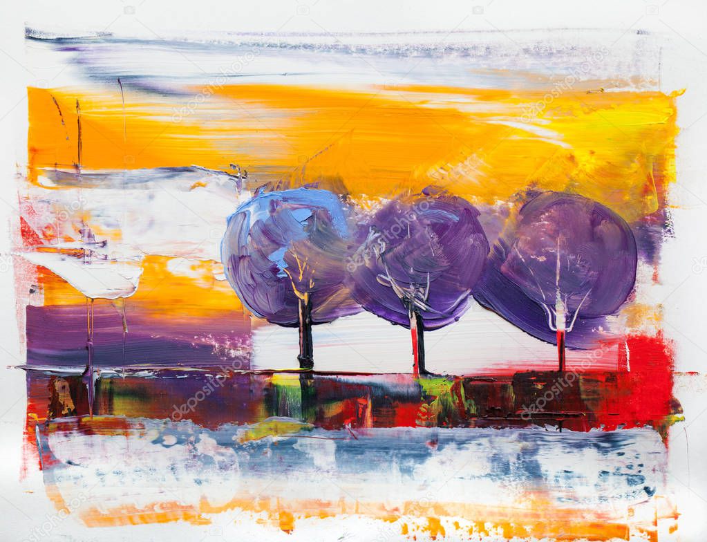 Oil painting colorful  trees.