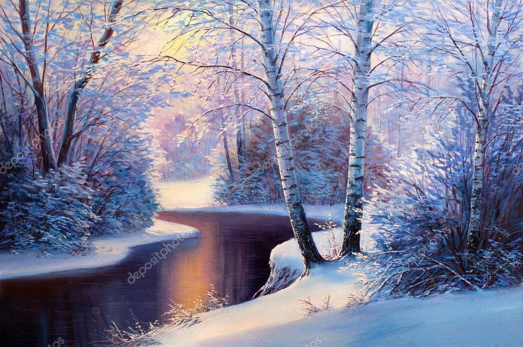 Kerst bos met rivier — Stockfoto © sbelov 174405348
