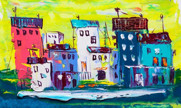 Abstract painting of city buildings