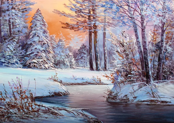 Bosque de Navidad con río — Foto de Stock