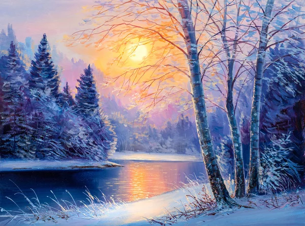 Pittura di bellissimo paesaggio invernale — Foto Stock