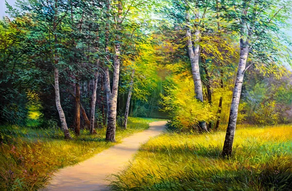 夏の森の道、キャンバス上の油絵 — ストック写真
