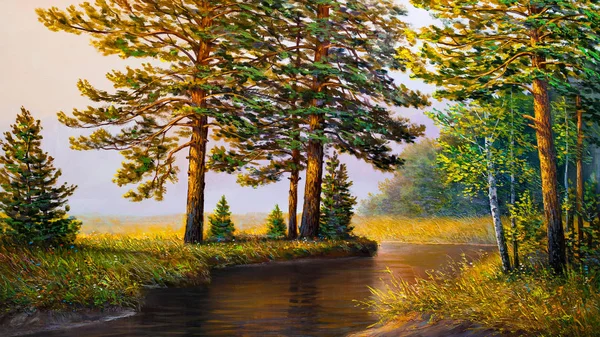 Morgondimman vid floden. Målning. — Stockfoto