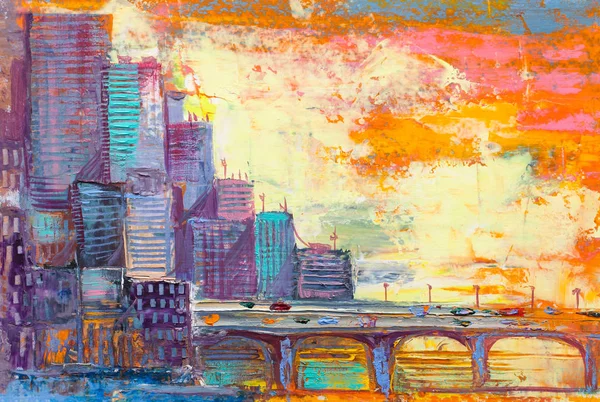 Paisaje urbano de pintura al óleo abstracta, con rascacielos contra soles — Foto de Stock