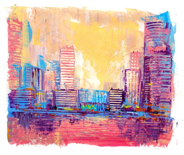 Αστικό τοπίο αφηρημένη ζωγραφική πετρελαίου, με ουρανοξύστες ενάντια σε έναν ήλιο — Φωτογραφία Αρχείου