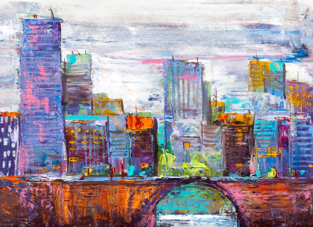 Abstract oil painting cityscape, with skyscrapers against a suns