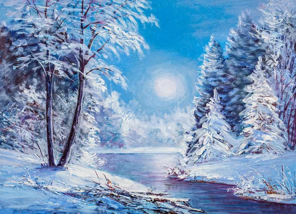 Foresta di Natale con fiume. Pittura ad olio paesaggio . — Foto Stock