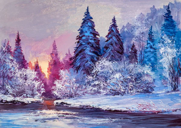 Foresta di Natale con fiume. Pittura ad olio paesaggio . — Foto Stock