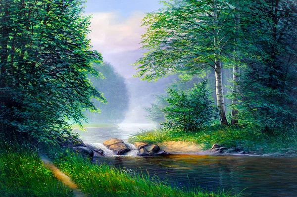 Pittura ad olio paesaggio, bellissimo fiume . — Foto Stock