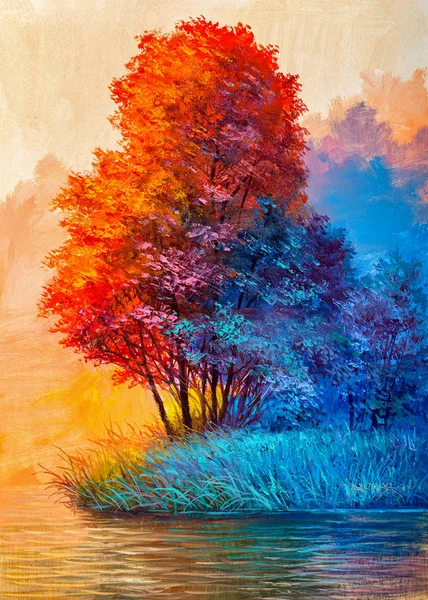 Landschap olieverfschilderij - kleurrijke herfst bos. — Stockfoto