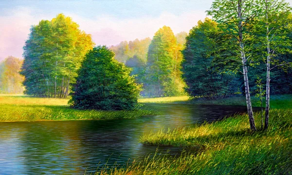 Peinture à l'huile paysage, été sur la rivière . — Photo