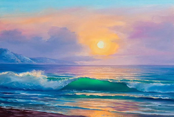 Solnedgång över havet, oljemålning på duk. — Stockfoto