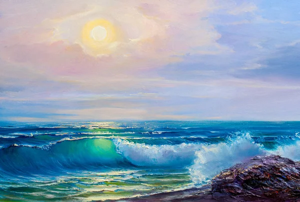 Puesta de sol en el mar, pintura al óleo sobre lienzo . — Foto de Stock