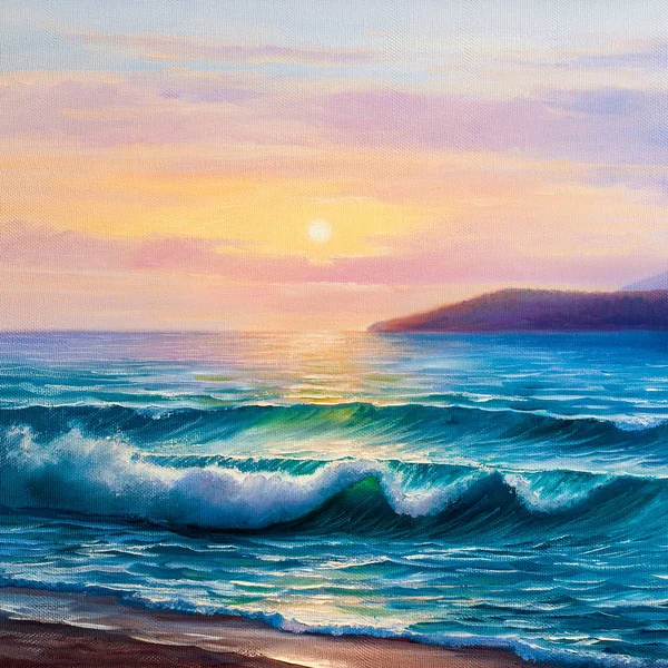 Zachód słońca na morzu, malowanie olejem na płótnie. — Zdjęcie stockowe