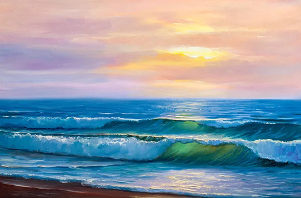 Coucher de soleil sur la mer, peinture à l'huile sur toile . — Photo