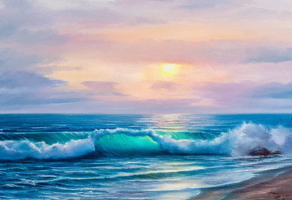 Puesta de sol sobre el mar, pintura al óleo sobre lienzo . —  Fotos de Stock