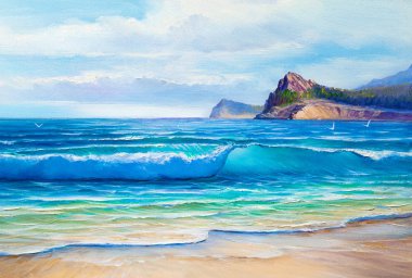 Denizde bir sabah, el sallama, resimleme, yağlı boya bir tuvalde boya..