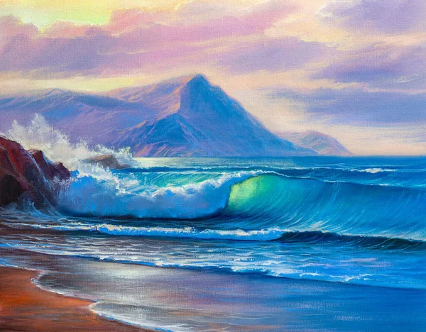 Original Oil Painting Sea Beach Canvas Rich Golden Sunset Sea — Stock Photo, Image