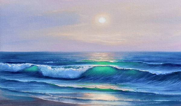 Pittura Olio Originale Mare Spiaggia Tela Ricco Tramonto Dorato Sul — Foto Stock