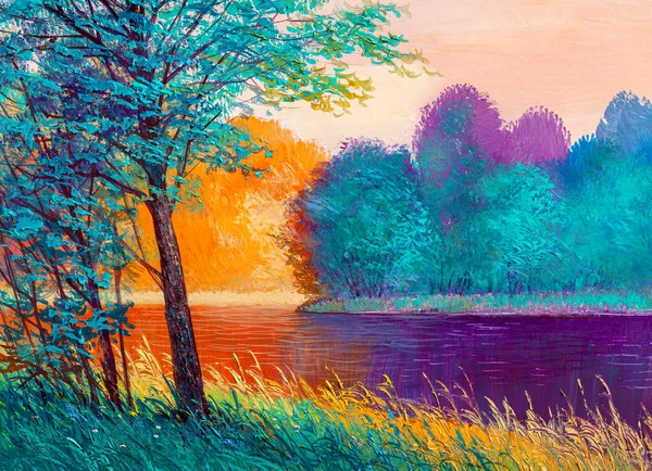 Pintura Óleo Paisaje Colorido Bosque Verano Hermoso Río Con Una — Foto de Stock