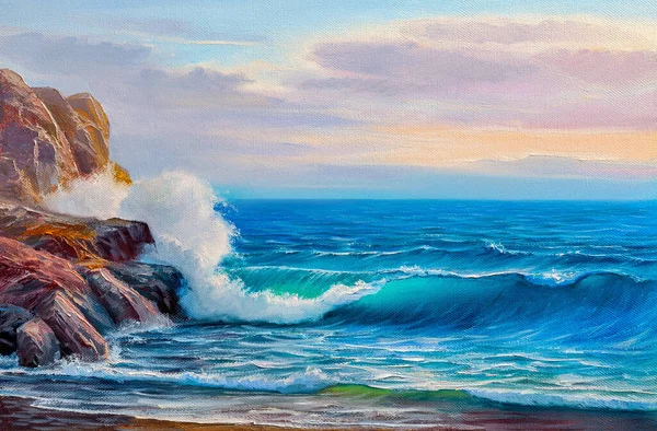 Morgon Havet Våg Illustration Oljemålning Färger Duk — Stockfoto