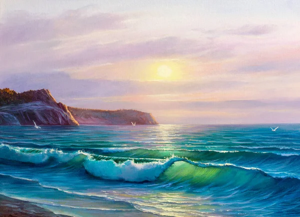 Pittura Olio Originale Mare Spiaggia Tela Ricco Tramonto Dorato Sul — Foto Stock