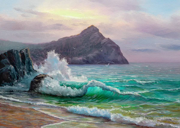 Morning on sea, wave, illustration, Oil painting paints on a canvas.